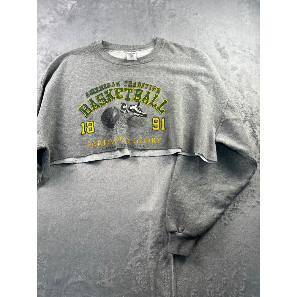 Vintage Jerzees Basketball Graphic Cropped Sweatshirt Gray 2XL Custom Cut